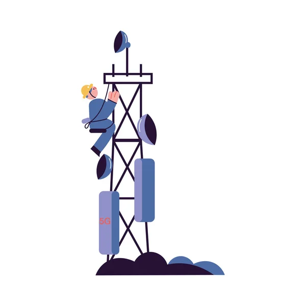 Працівник в шоломі піднімається на 5 г мобільної вежі станції — стоковий вектор