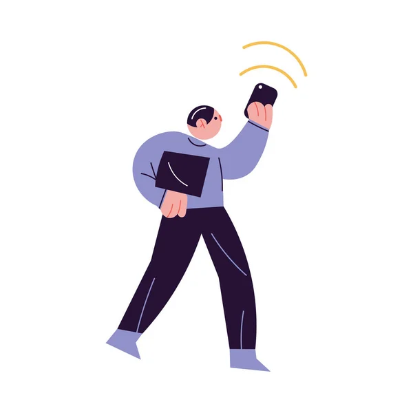 Homme marchant avec smartphone et essayant d'attraper une connexion sans fil 5g — Image vectorielle