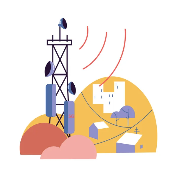 Station de tour mobile 5g dessinée à la main diffusant des signaux sur la ville — Image vectorielle