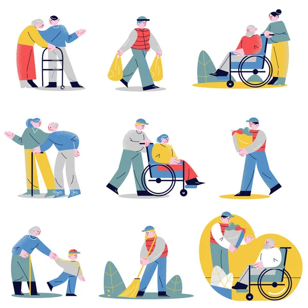 Gençler farklı durumlarda yaşlılara yardım ediyor ve onlarla ilgileniyorlar.