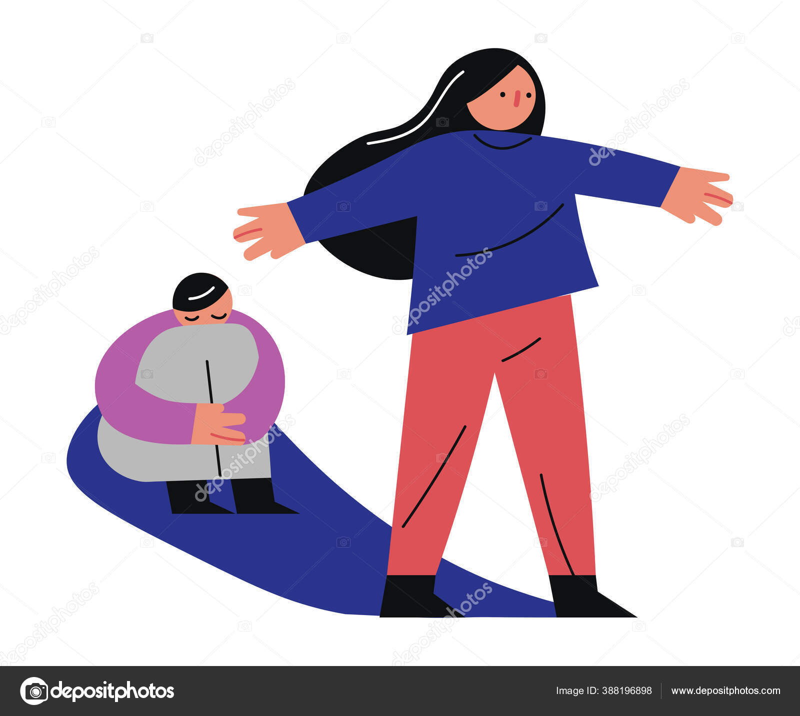 가정폭력의 피해자인 어린이를 바닥에 앉아서 손을 잡고 어머니를 보호하는 모습 스톡 벡터 - ©greenpic.studio  388196898, image size:1600x1433