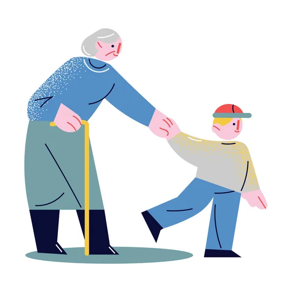 Mały chłopiec trzyma starszą kobietę za rękę i pomaga jej przejść przez ulicę — Wektor stockowy
