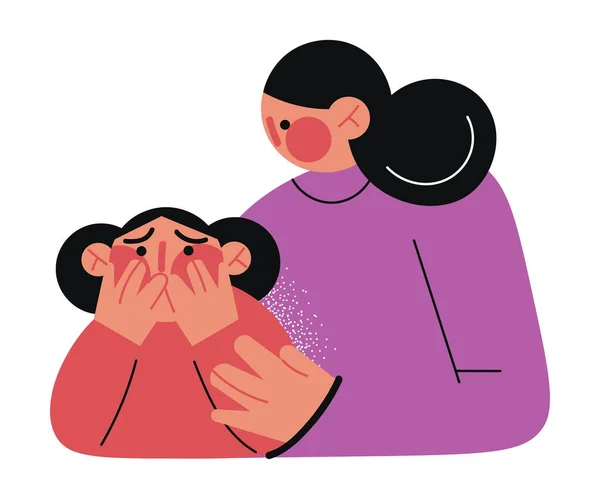 Madre joven abrazando a una hija pequeña víctima de violencia doméstica — Vector de stock