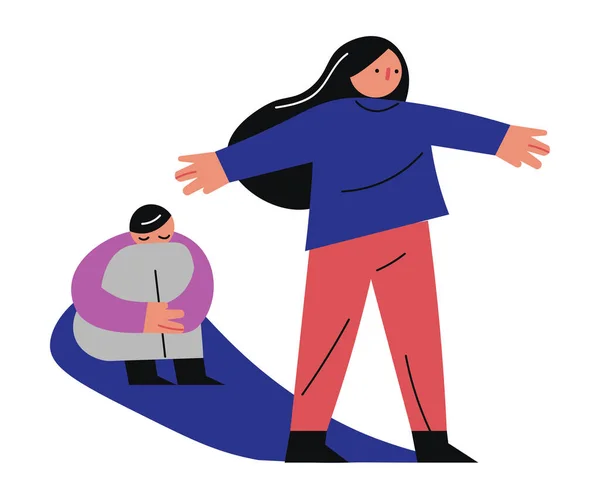 Madre protegiendo con las manos sentadas en el suelo niño víctima de violencia doméstica — Vector de stock