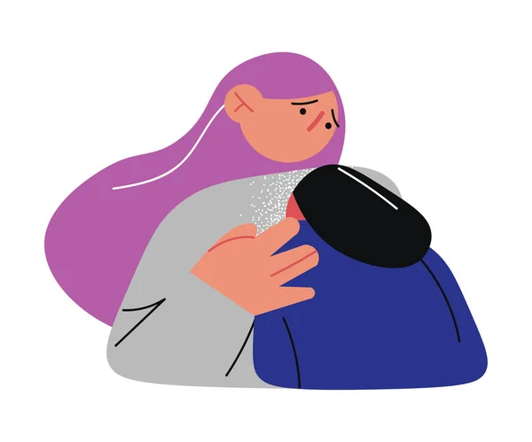 Mãe triste abraçando sua filha pequena vítima de violência doméstica — Vetor de Stock