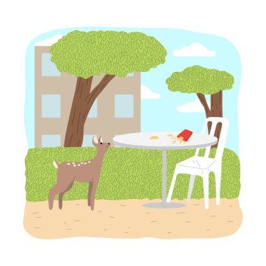 Şehirdeki masalardan fast food yemek isteyen küçük kahverengi yavru.