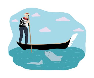 Denizdeki mavi yunus, şehrin kıyısındaki kayıktaki adama gülümsüyor.