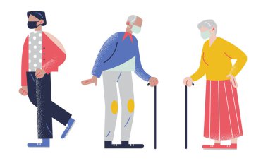 Maske takan genç ve yaşlı insanlar kendilerini koronavirüs enfeksiyonundan koruyorlar.