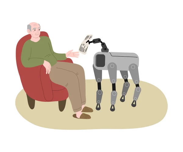 Робот собака приносить газету літньому чоловікові в крісло вдома — стоковий вектор