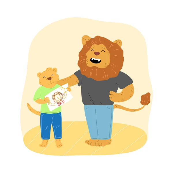 棕色狮子宝宝站在那里，向他微笑的爸爸展示他的肖像 — 图库矢量图片