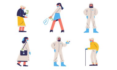 Genç ve yaşlı insanlar maske, eldiven takıyor, dezenfektanlar ve kostümlerle koruyor.