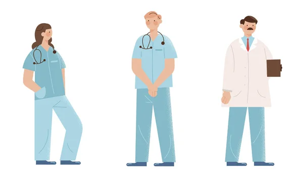 Різні лікарі в спеціальній блакитній формі під час роботи — стоковий вектор
