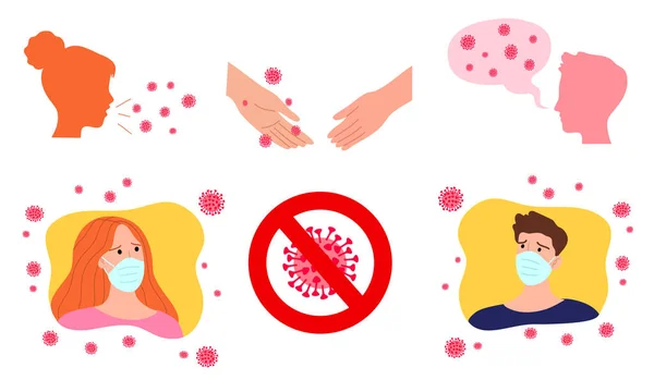 Infección por Coronavirus bacterias y protegiéndolas de ellas con máscaras — Vector de stock