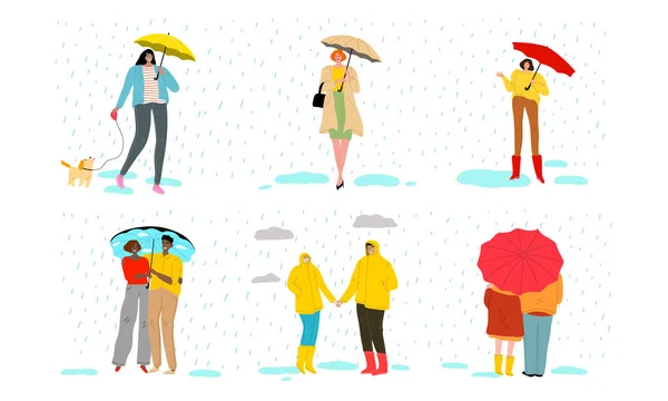 カップル、家族、子供たちが一緒に雨の天気を楽しむ — ストックベクタ