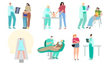 İnsanlar, çocuklar ve aileler farklı türde doktorları kliniklerde ziyaret ediyorlar.