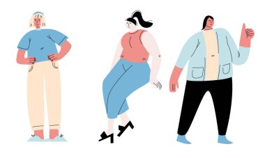 Bir grup aşırı kilolu ve gülümseyen kadın normal hayattan zevk alıyor.