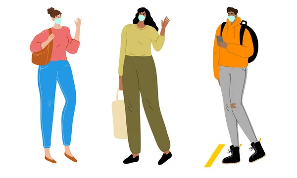 Las personas con máscaras se saludan desde la distancia y mantienen la distancia en línea — Archivo Imágenes Vectoriales