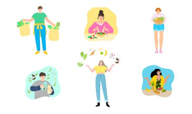 İnsanlar temiz organik yiyecekler yiyor, sağlıklı süt içiyor ve sağlıklı yaşam tarzının tadını çıkarıyor.