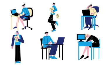 Ofiste çalışan insanlar işyerlerinde bilgisayar ve belgelerle