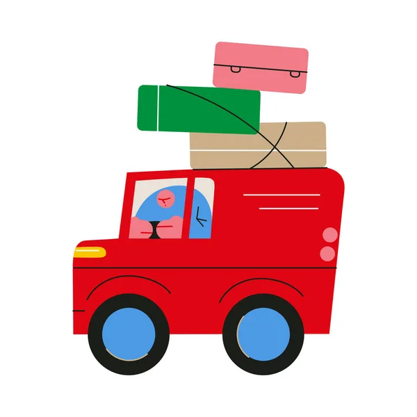 Červený vinobraní auto pro cestování s prostorem pro kufry hromada na střeše — Stockový vektor