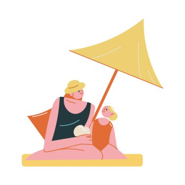 Kızıyla kumsalda güneşlenen ve korunmak için güneş kremi kullanan bir kadın.