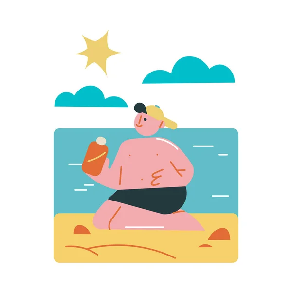 Jongen zit op zand aan zee en gebruikt zonnebrandcrème als zonwering — Stockvector