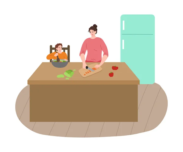 Мать и ее сын режут ингредиенты и делают салат на кухне вместе — стоковый вектор
