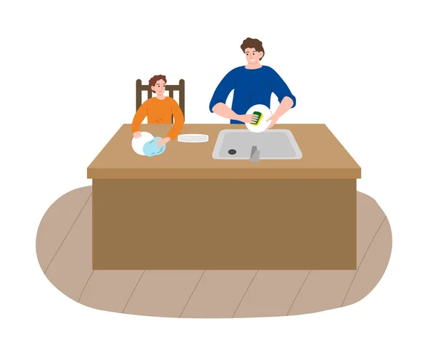 Отец и сын моют и сушат посуду вместе на кухне — стоковый вектор