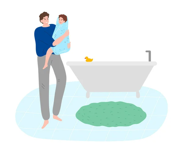 Junger Vater hält Sohn nach Bad im Badezimmer im Handtuch — Stockvektor