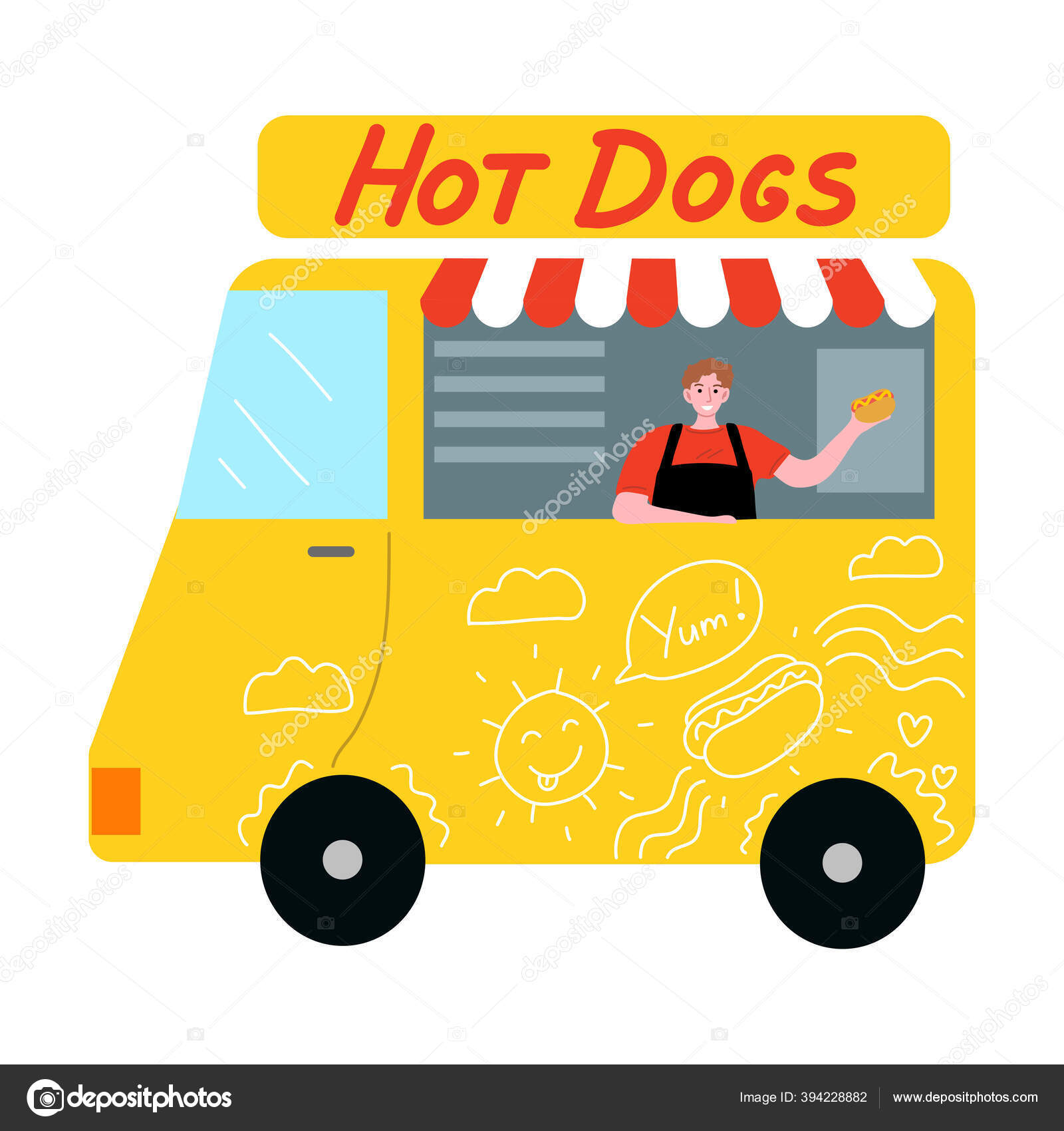 Грузовик С Хот-Догами И Улыбающийся Продавец Предлагает Свежее.