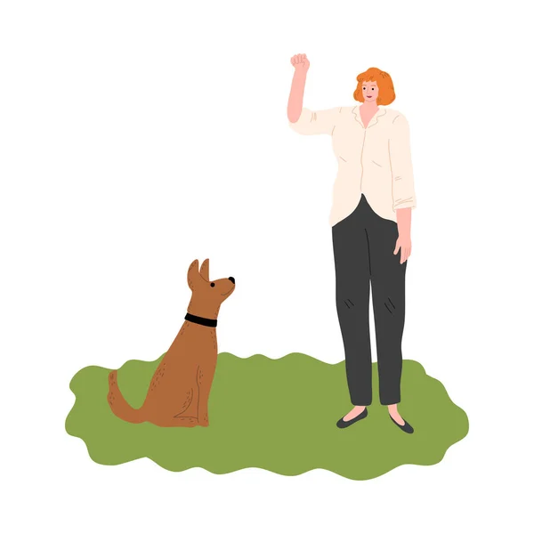 3.妇女在户外散步时，以手势训练她的狗 — 图库矢量图片