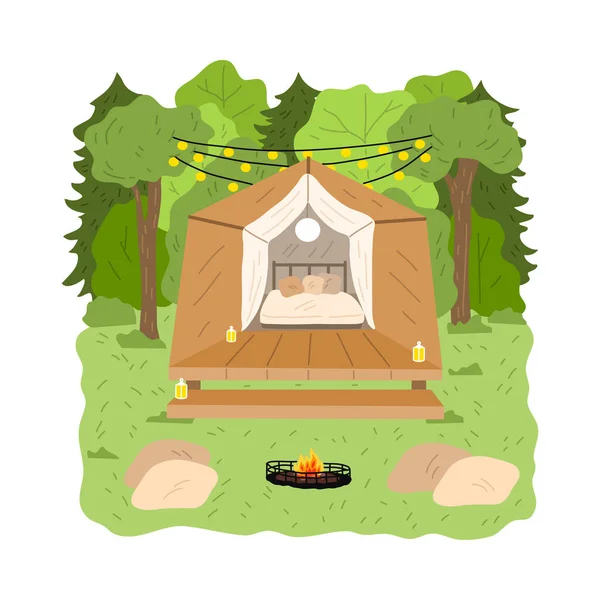 Glamping casa in legno con camera da letto circondata da una foresta verde e ghirlande sopra — Vettoriale Stock