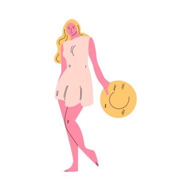 Sarışın, seksi elbiseli, elinde sert ve çıplak ayaklı kız.