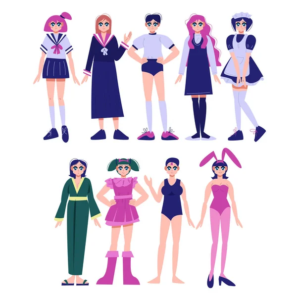 Σύνολο των κοριτσιών anime σε διαφορετικές απεικονίσεις φορέα κοστούμια — Διανυσματικό Αρχείο