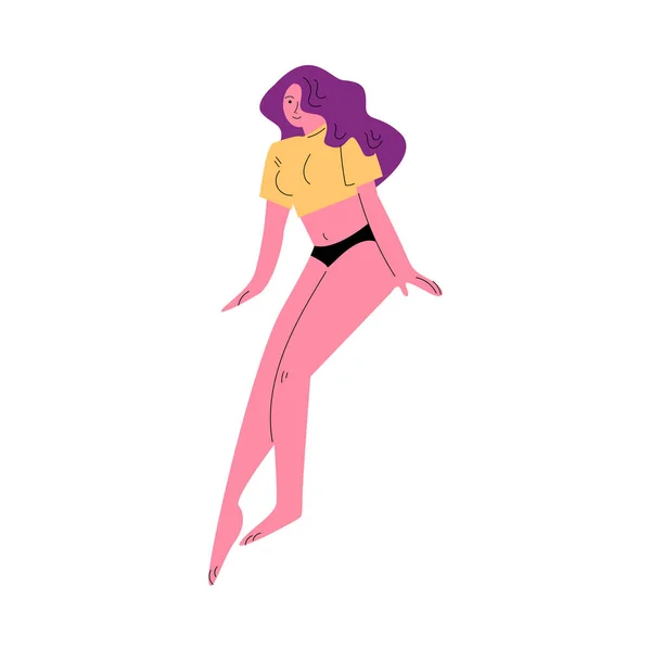 Pinup girl avec de longs cheveux violets en haut sexy, sous-vêtements et pieds nus — Image vectorielle