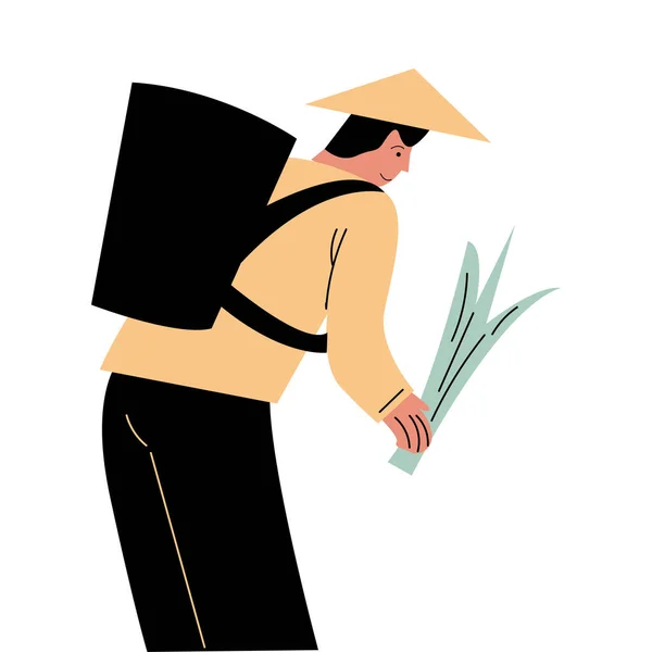 Ασιάτης αγρότης με πίσω καλάθι μαζεύοντας ρύζι σε φυτείες — Διανυσματικό Αρχείο