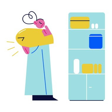 Adam ayakta durup eczaneden ne alacağını düşünüyor.