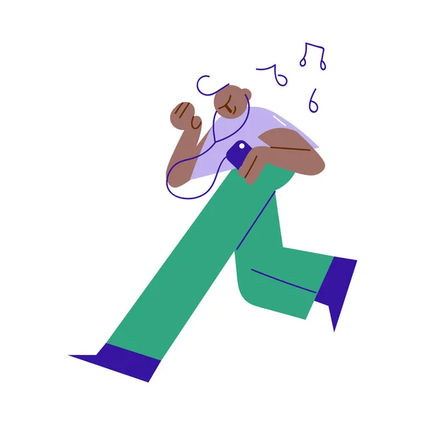Anak laki-laki hitam muda berlari dan mendengarkan musik di headphone - Stok Vektor
