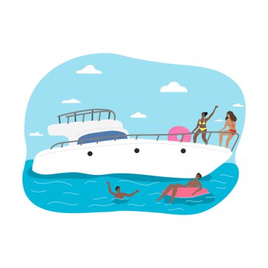 Genç pozitif kızlar ve oğlanlar yatta güneşlenen ve denizde yüzen turistler.