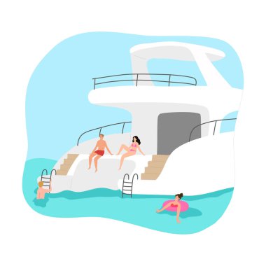 Genç pozitif kızlar ve erkekler beyaz yatta güneşlenen ve mavi gölde yüzen turistler.