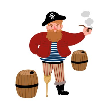 Fıçılarla pipo arasında duran uzun bacaklı bir korsan.