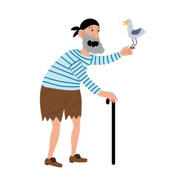 Yelekli ve bandanalı yaşlı dişsiz korsan elinde martı tutan sopa