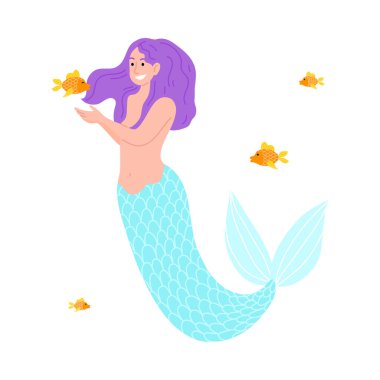 Mor saçlı, gülümseyen denizkızı balıklarla denizde yüzüyor.