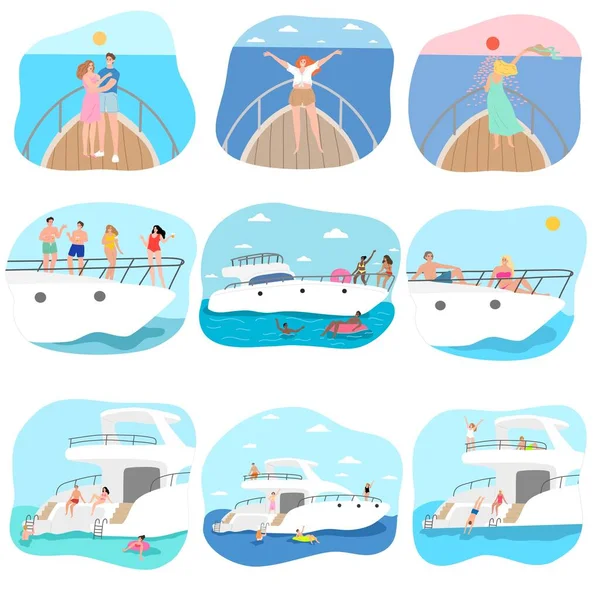 Personas y parejas disfrutando del descanso en yates en el mar en verano — Archivo Imágenes Vectoriales