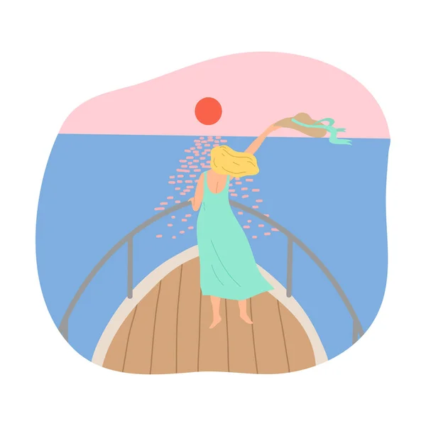 Mujer de pie hacia atrás en la popa del yate, mirando el atardecer y sosteniendo el sombrero — Vector de stock