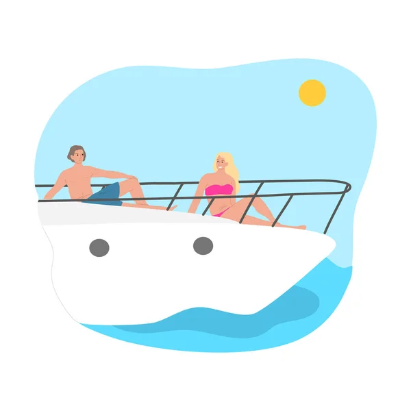 Мальчик и девочка сидят на корме яхты и загорают во время летнего круиза — стоковый вектор