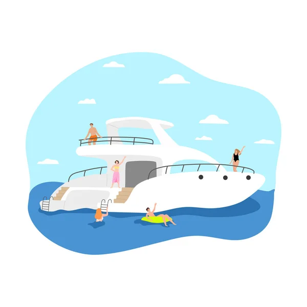 Jonge positieve meisjes en jongens toeristen zonnebaden op een wit jacht en zwemmen in zee — Stockvector