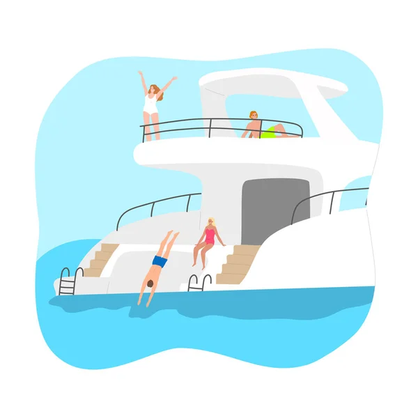 Jeunes touristes bronzer sur yacht blanc et sauter à l'eau bleue — Image vectorielle