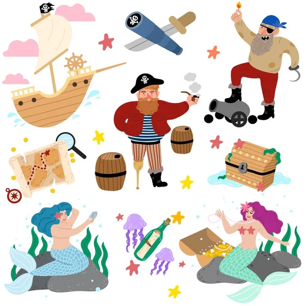 Set von Objekten, Accessoires und Charakteren, die mit dem Leben eines Piraten verbunden sind — Stockvektor