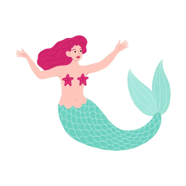 Sirena con capelli rosa nuotare in mare con stelle marine sopra il seno nudo — Vettoriale Stock
